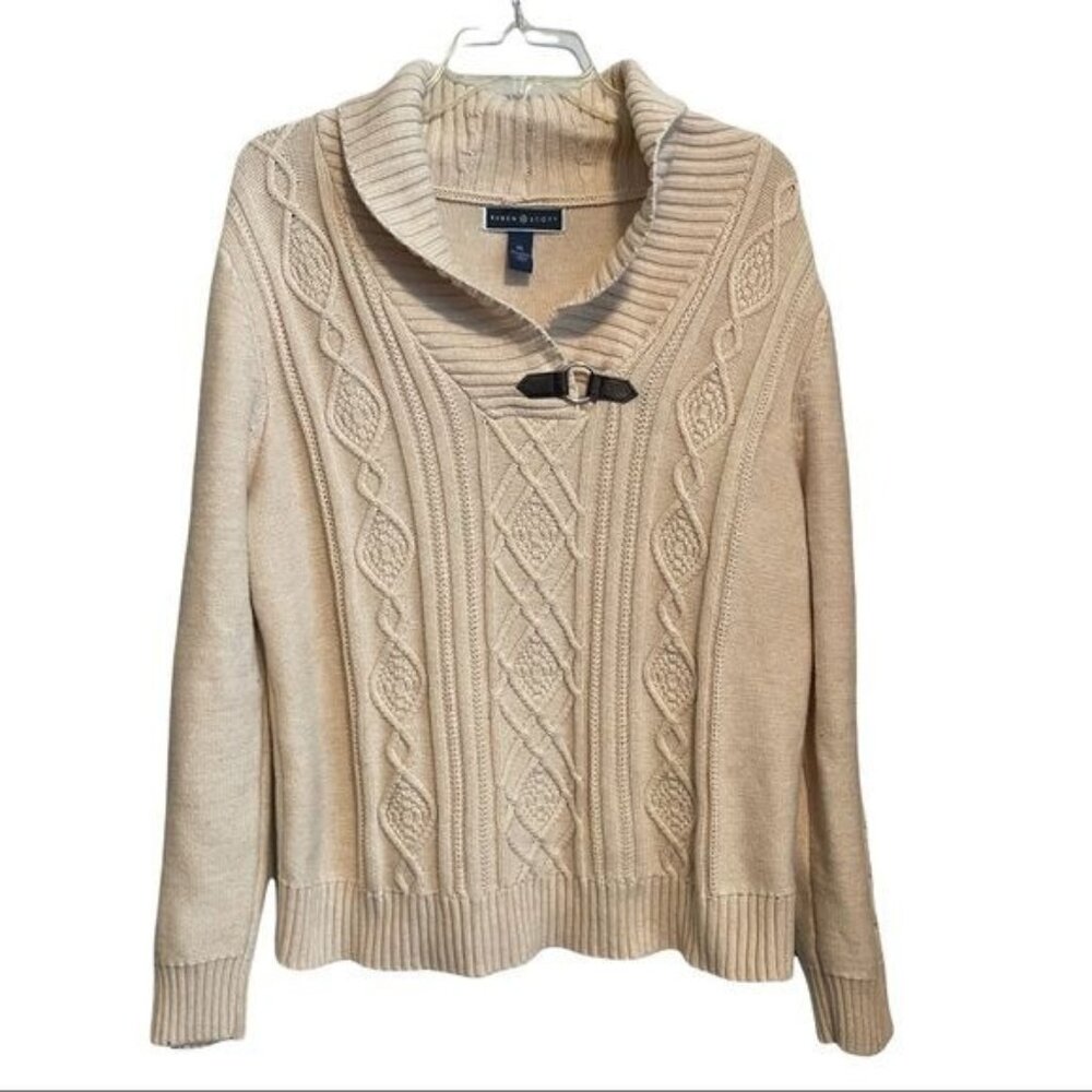 Karen Scott Shawl Collar Cable Knit Sweater w/ Front Buckle Design ...